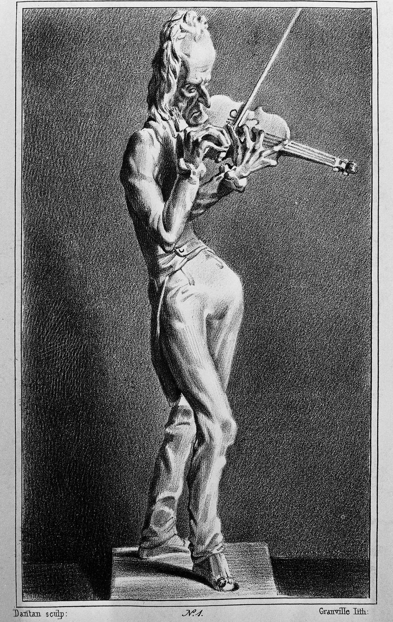 Niccolo Paganini (1782-1840), Italiaanse violist en componist. Karikatuur naar het beeldhouwwerk van Jean Pierre Dantan de jonge door Jean-Pierre (after) Dantan