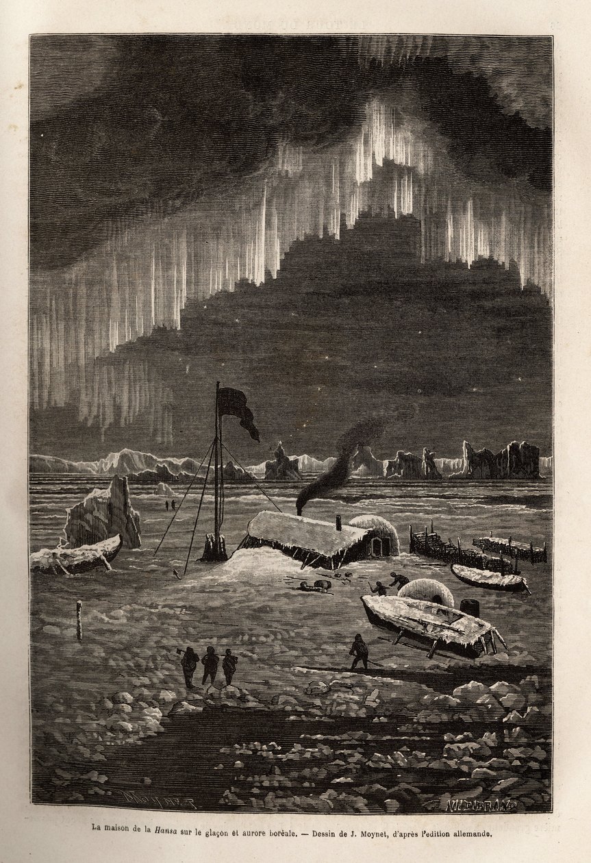 Na het verlaten van hun schip, bouwde de bemanning van La Hansa een kamp op een drijvende ijsschots, verlicht door het noorderlicht, gravure naar de tekening van J.Moynet, ter illustratie van de reis van de schepen La Germania en La Hansa naar de Noordpool door Jean Pierre Moynet