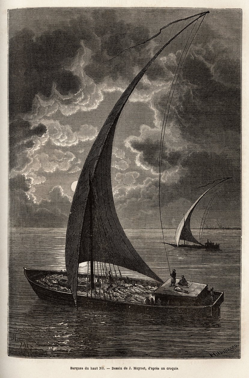 De boten van de boven-Nijl, verminderde bemanning en passagiers slapend op het dek, bij maanlicht, gravure naar de tekening van J.Moynet, ter illustratie van de reis naar het hart van Afrika in 1868-1871, door Dr. Georges Schweinfurth, gepubliceerd in 