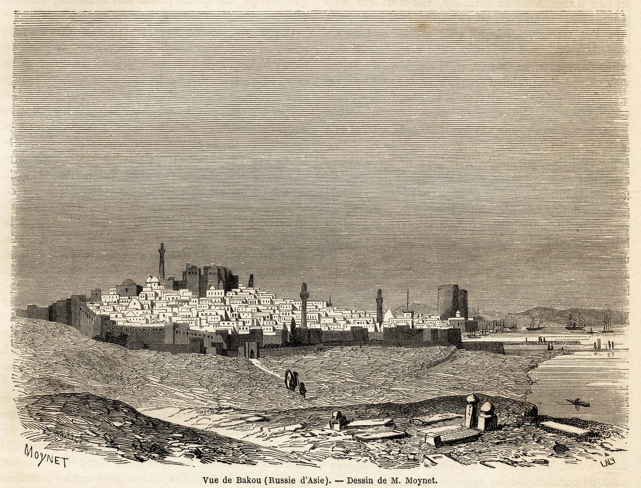 Zicht op Bakoe (Rusland, Azerbeidzjan), tekening door Mr. Moynet, ter illustratie van de reis naar de kust van de Kaspische Zee, in oktober 1858, door Mr. Moynet. Gravure in 