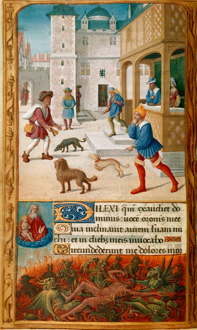 Miniatuur met Dives, feestend met zijn vrouw en benaderd door Lazarus, in een stadsgezicht, gevolgd in de onderste rand door Dives gekweld door demonen en bekeken door de ziel van Lazarus, die door God in de hemel wordt gehouden door Jean Poyer