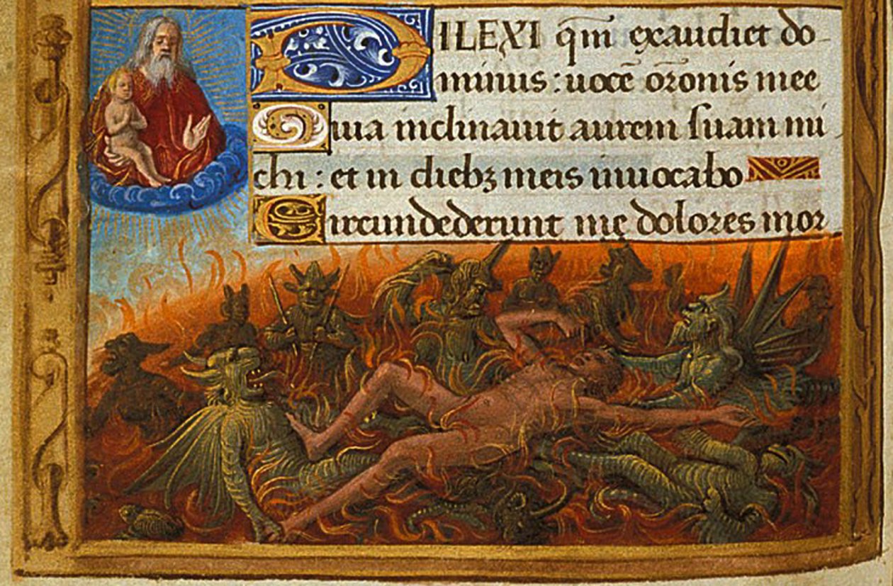Getijdenboek, Detail: Dives gekweld door demonen en bekeken door de ziel van Lazarus, ca. 1500 door Jean Poyet