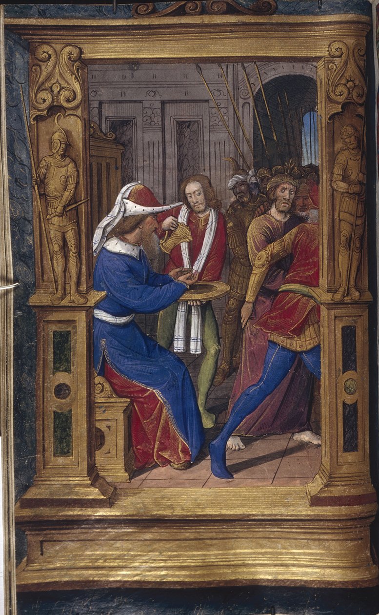 Pilatus wast zijn handen uit Lettres bâtardes, ca. 1490-1510 door Jean Poyet