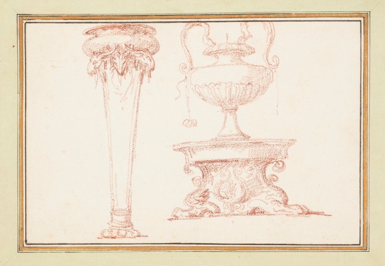 Gebonden tekening, Een vaas en een lamp op een standaard, in Dessins d