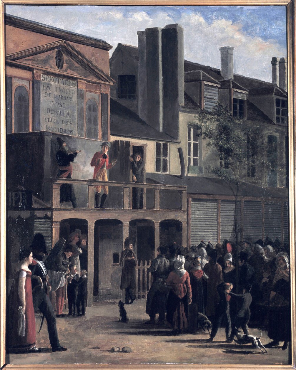 La Parade de Bobèche et Galimafre, voorstelling van een menigte die naar een straattheater kijkt. 19e eeuw. door Jean Roller