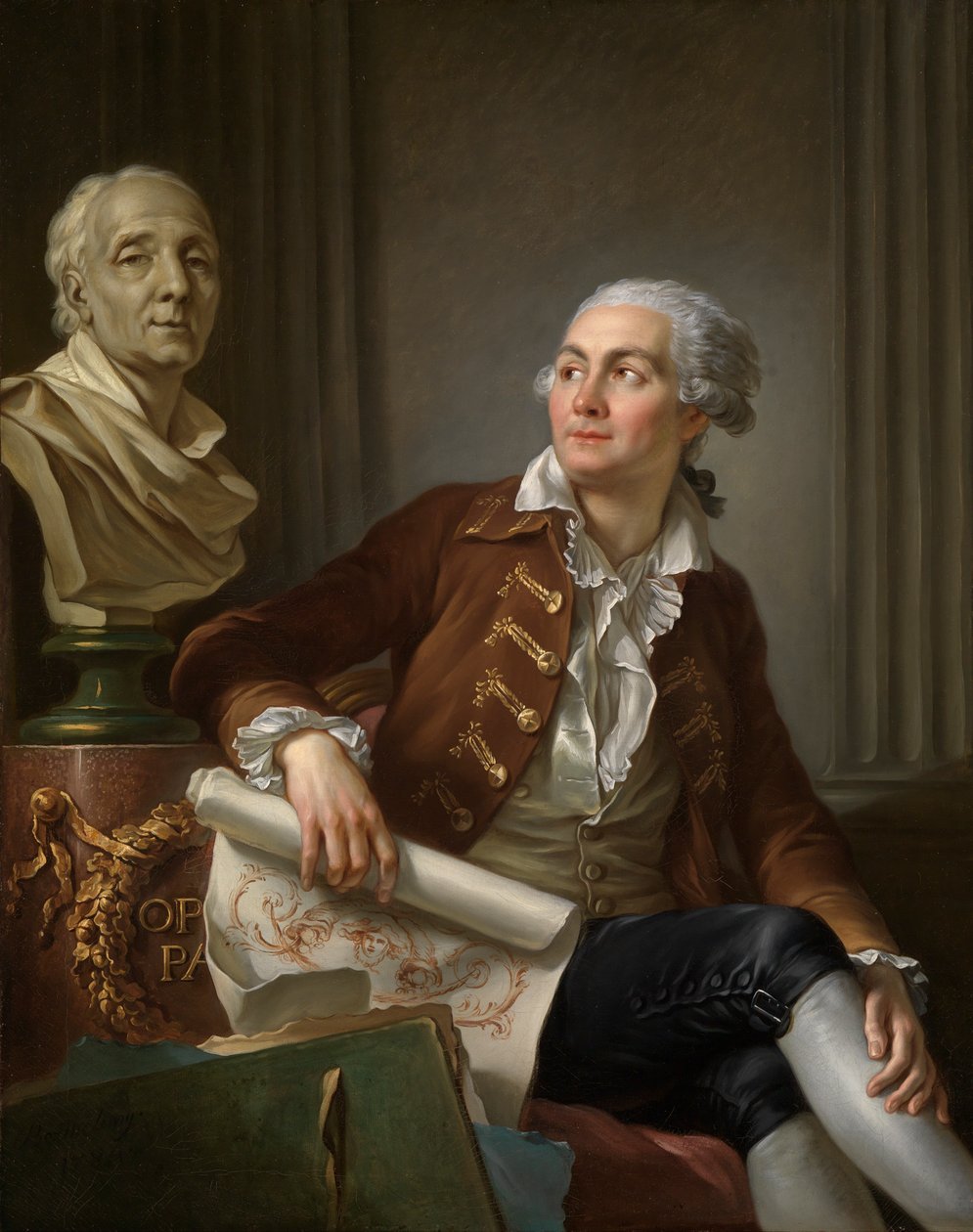 Portret van man met buste van Denis Diderot door Jean-Simon Berthelemy