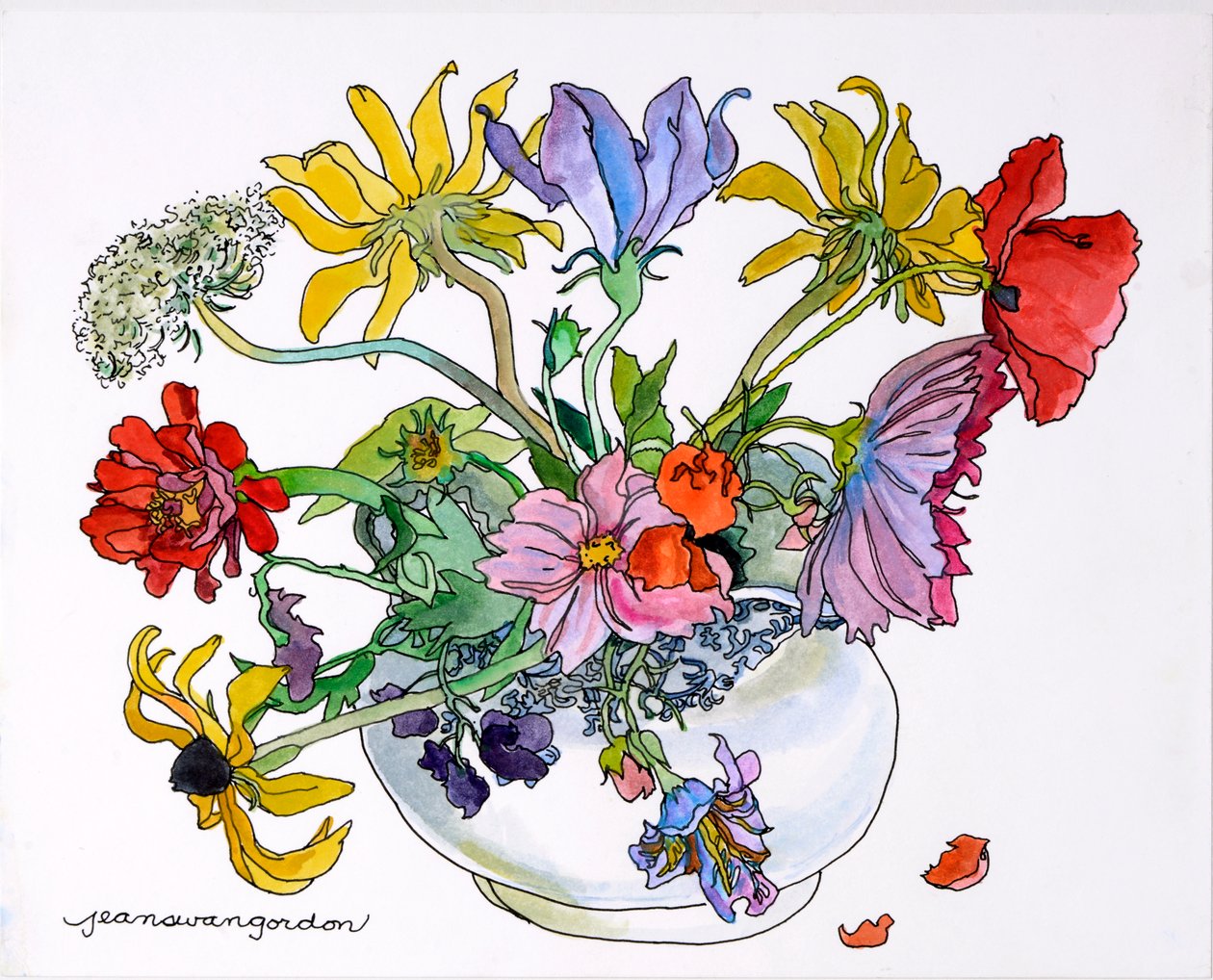 Black Eyed Susans, Queen Annes Lace  Cosmos in Blue  White China Bowl (aquarel en inkt op papier) door Jean Swan Gordon