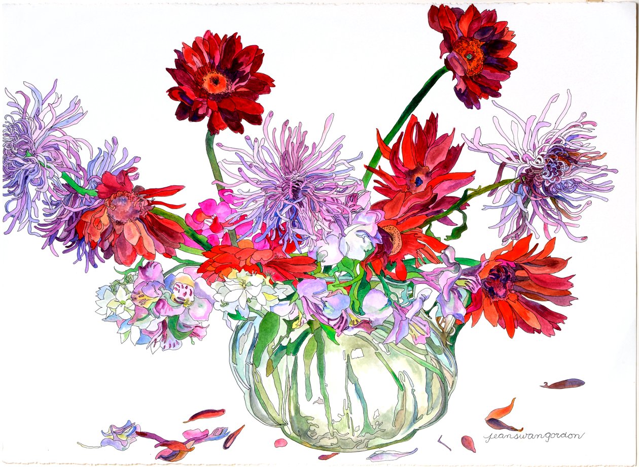 Gerbera margrieten, Ster van Bethlehem, Spinchrysanten, Heisey kruik, 2000 (aquarel  inkt op papier) door Jean Swan Gordon