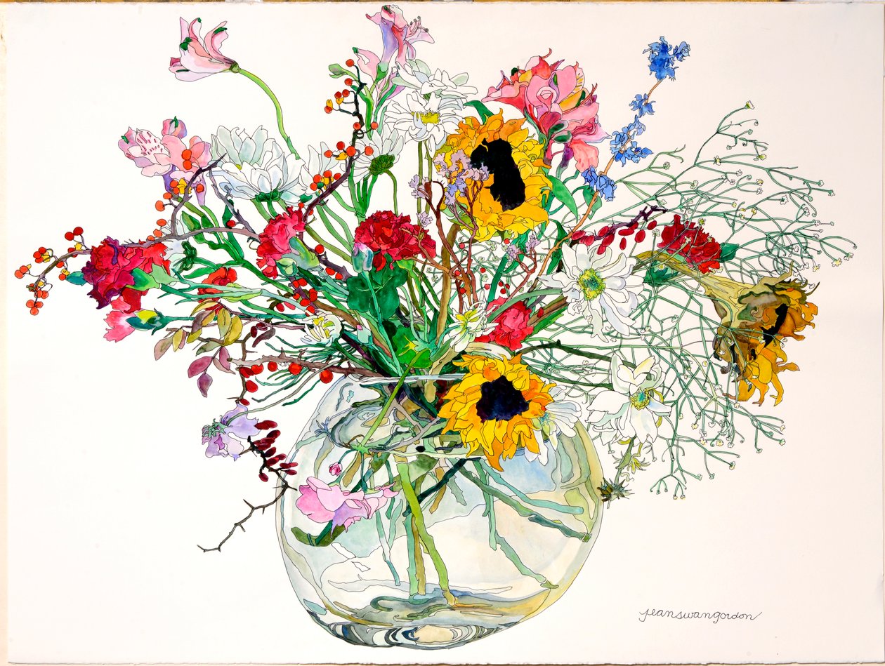 Late zomer in glazen kom (aquarel en inkt op papier) door Jean Swan Gordon