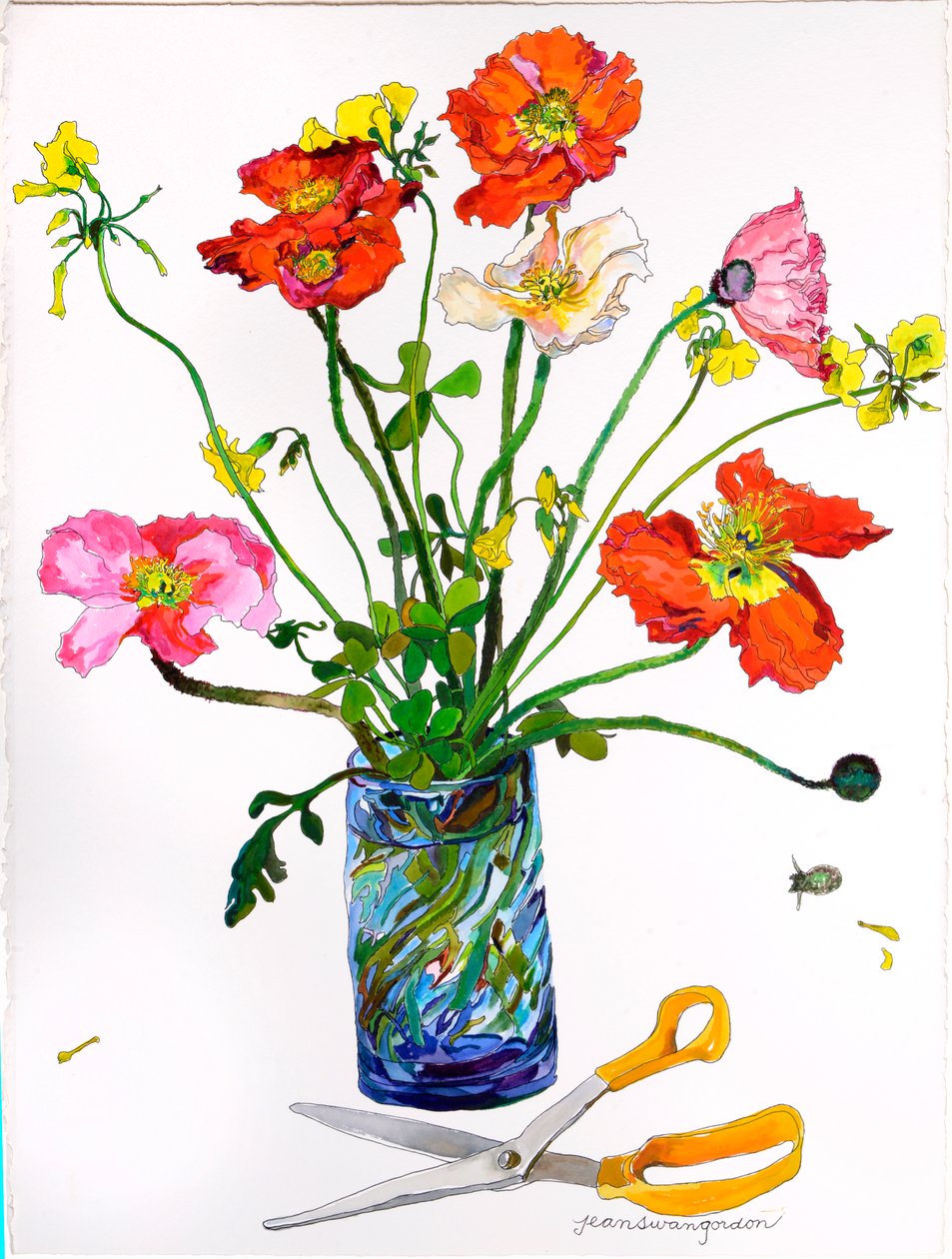 Klaprozen, blauwe vaas  schaar (aquarel  inkt op papier) door Jean Swan Gordon