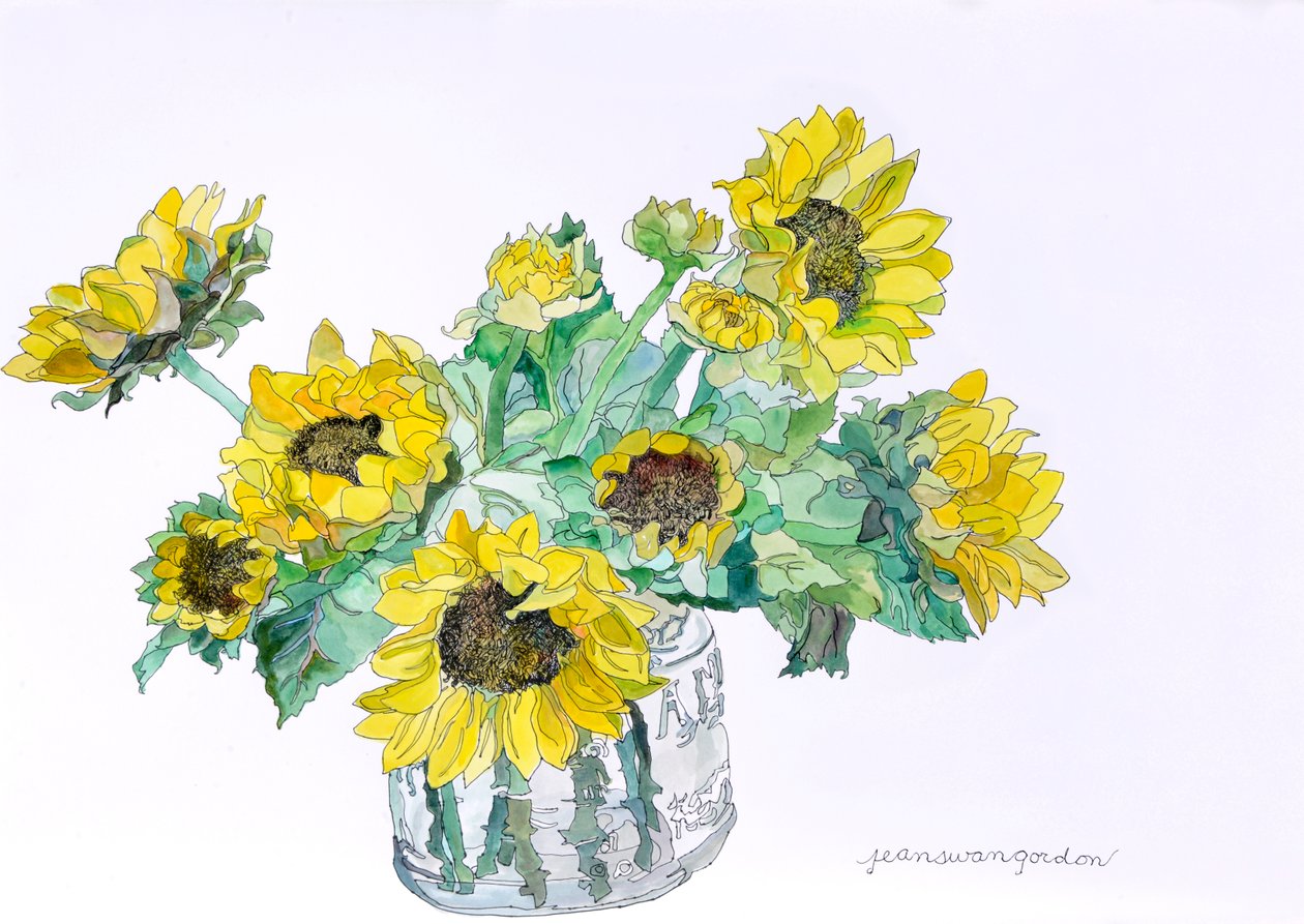 Zonnebloemen, 2007 (aquarel en inkt op papier) door Jean Swan Gordon