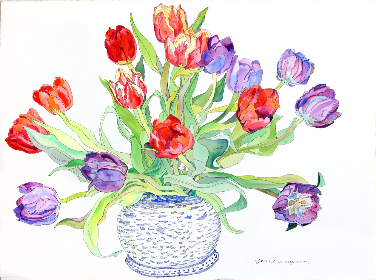 Tulpen in kom met beschilderde vissen en vogels, 2006 (aquarel en inkt op papier) door Jean Swan Gordon
