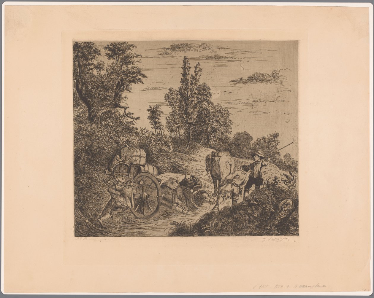 Landschap met een in het water vastgelopen wagen die door een groep mannen op de kant gehesen wordt door Jean Théodore Joseph Linnig