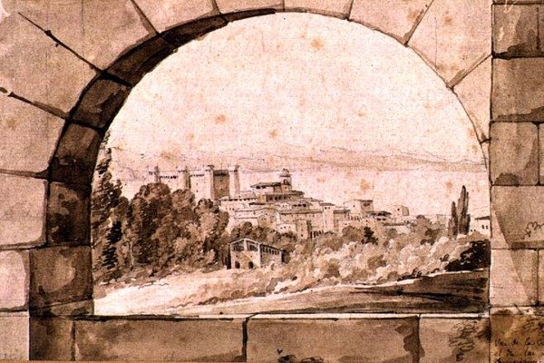 Uitzicht op de stad en het meer van Bracciano, ca. 1810 door Jean Thomas Thibault