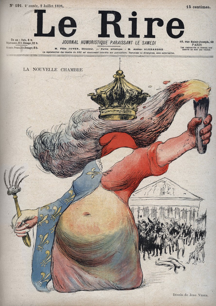 De nieuwe kamer - Marianne met haar gezicht bedekt met een Frygische muts - Marianne gekleed in een jurk in twee delen: een rode kant en de andere kant versierd met lelies - (De cartoon verwijst naar de politieke verdeeldheid tussen republikeinen en monarc door Jean Veber