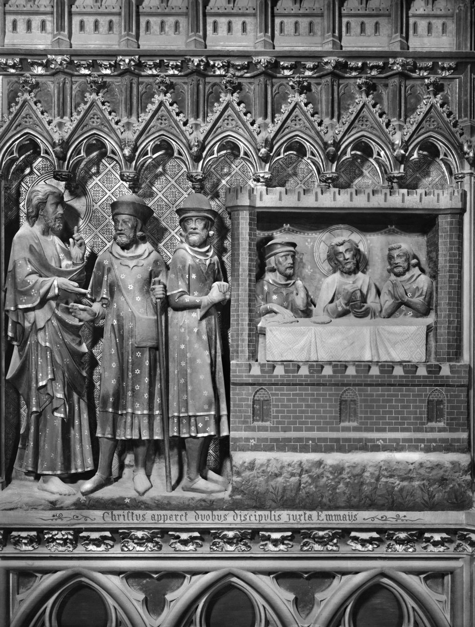 Kathedraal, interieur, koorscherm, Jezus Christus verschijnt aan twee discipelen op de weg naar Emmaüs, het Avondmaal in Emmaüs, ca. 1340-51 door Jean and Jean Le Boutellier Ravy