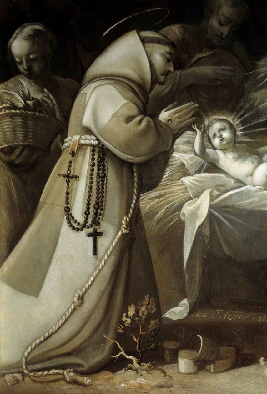Aanbidding van de herders Een monnik die bidt voor het kind Jezus. Schilderij door Jean de Saint Igny door Jean de Saint Igny