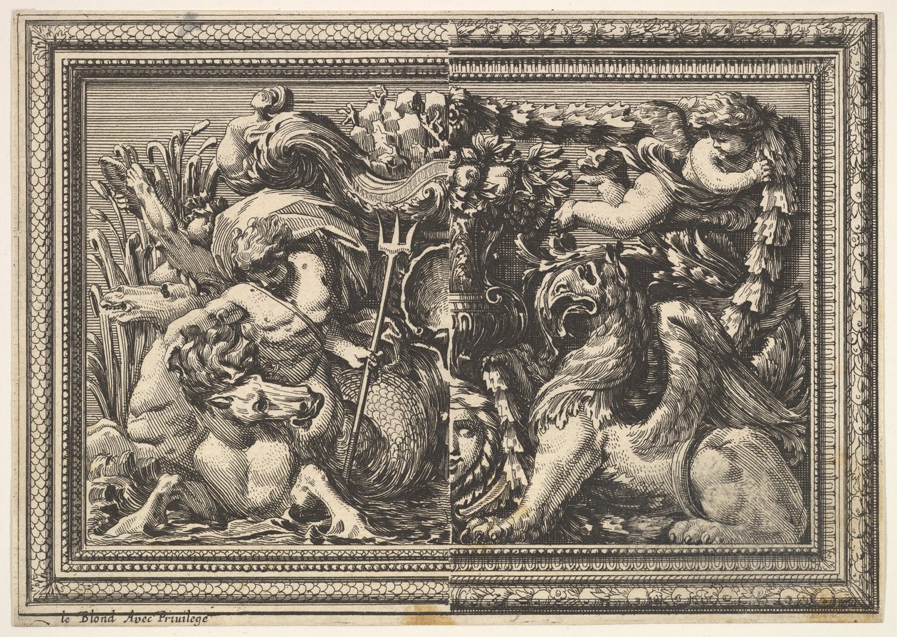 Ontwerp voor een paneel met twee varianten met een hippocampus en een griffioen, uit: Ornements..., 1651 door Jean le Pautre