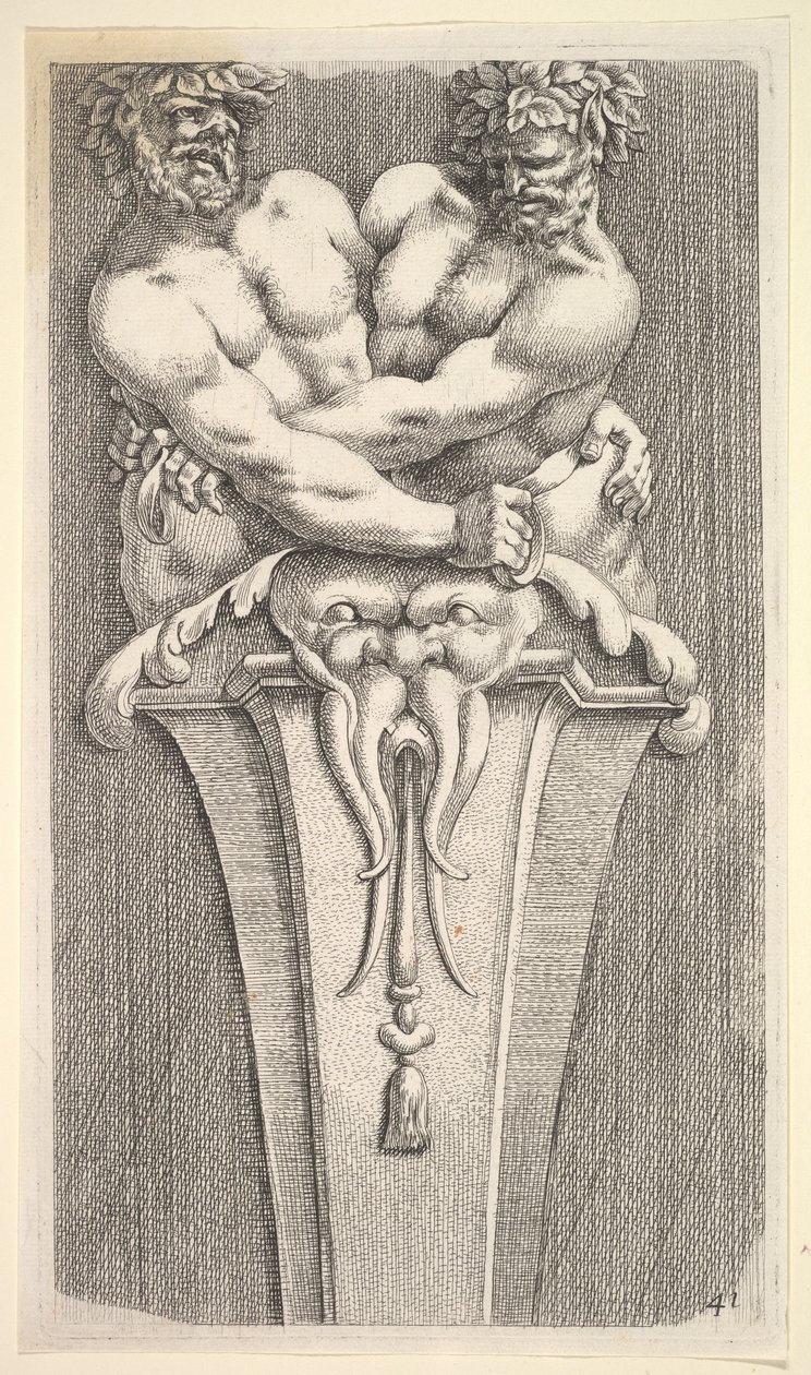 Ontwerp voor een term met twee Bacchische figuren, uit: Curieuses recherches de plusieurs beaus ..., 1645 door Jean le Pautre