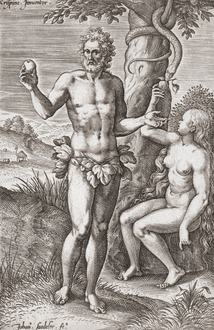 Adam en Eva in de Hof van Eden door Jean or Johann Sadeler