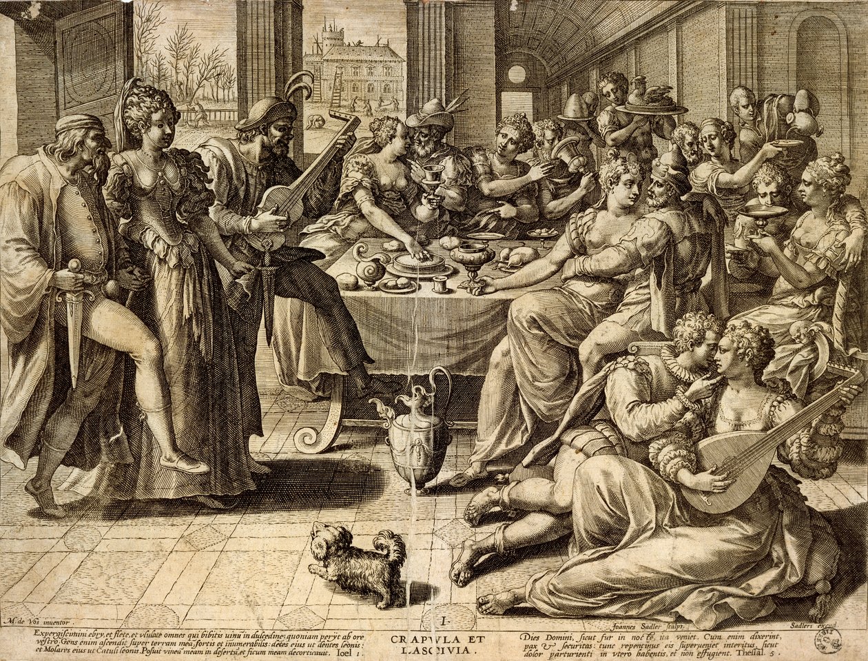 Diner door Jan Sadeler I (1550-1600), gravure door Jean or Johann Sadeler