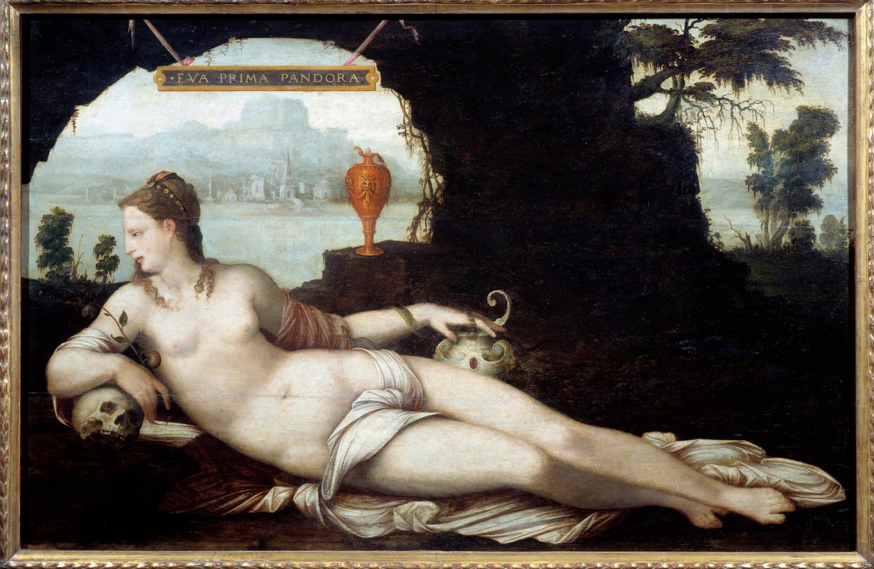 Eva Prima Pandora, voorstelling van een vrouw die de kenmerken van Eva en Pandora combineert, die al het kwaad naar de aarde brengen. Schilderij (Vanitas) door Jean Cousin de Oudere (1490-1560) 16e eeuw. door Jean the Elder Cousin