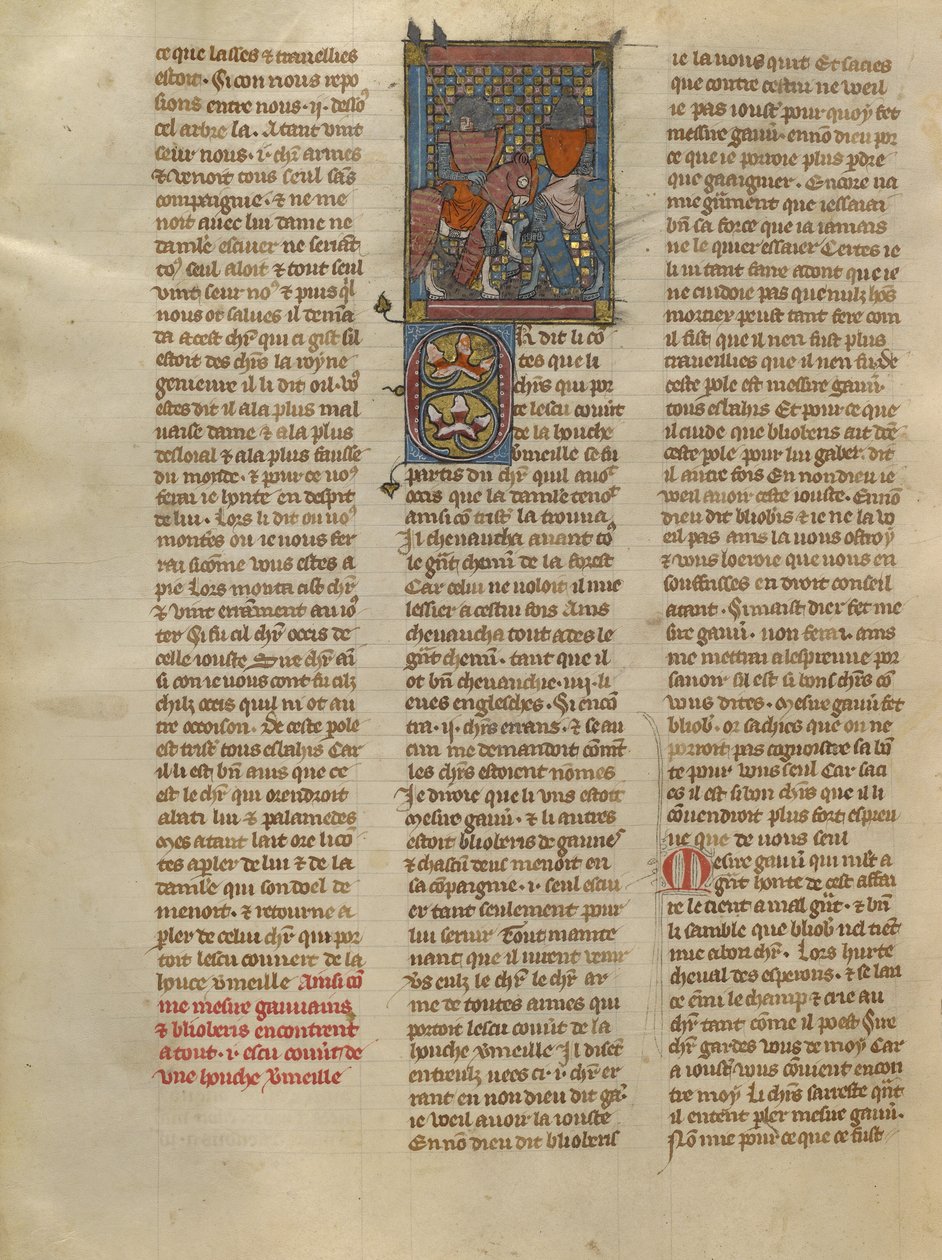 Gauvain en Blioberis ontmoeten een ridder met een rood schild door Jeanne de Montbaston