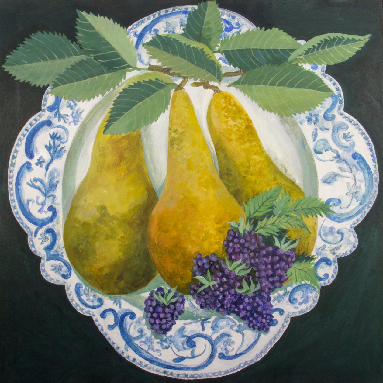 Peren op een bord, 2018 (acryl op doek) door Jennifer Abbott
