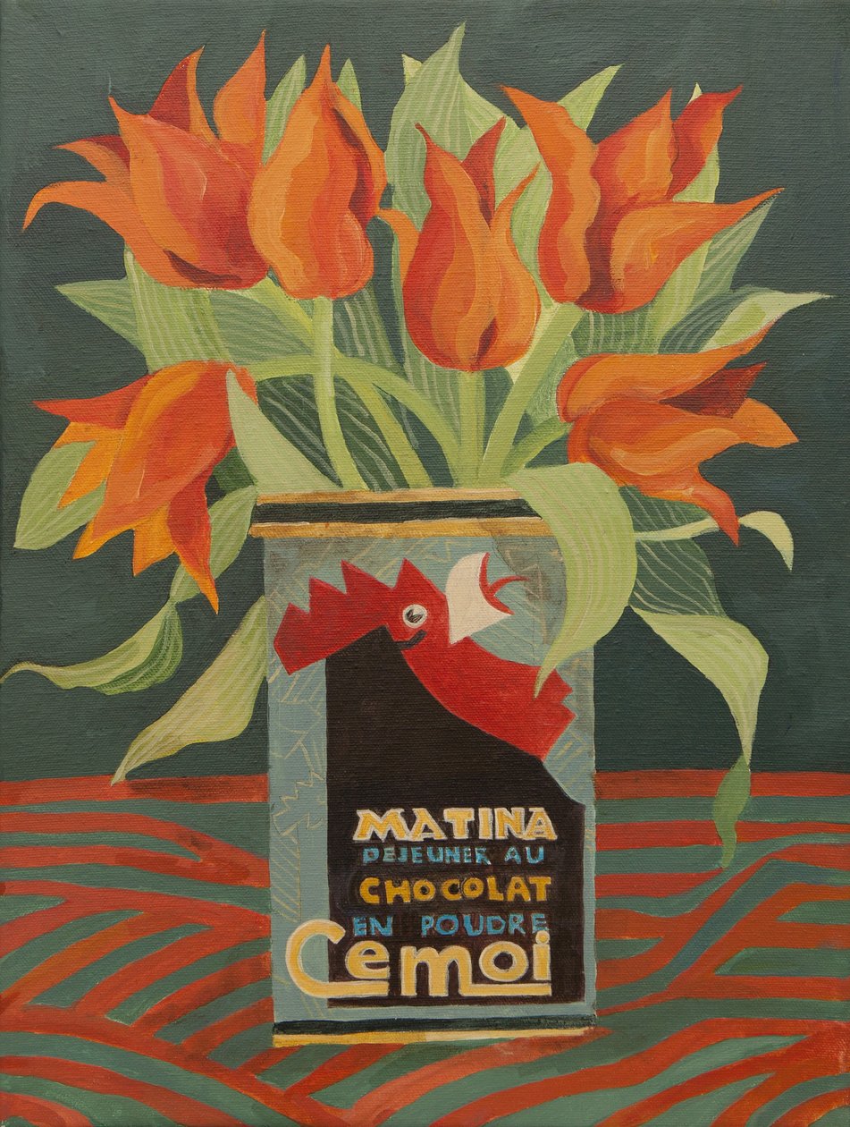 Rode tulpen in oude koffiekan (acryl) door Jennifer Abbott