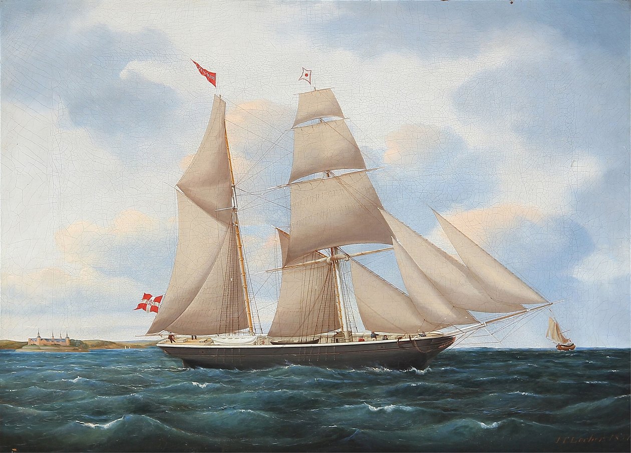 Zeegezicht met een zeilschip Johanne met Kronborg op de achtergrond door Jens Thielsen Locher
