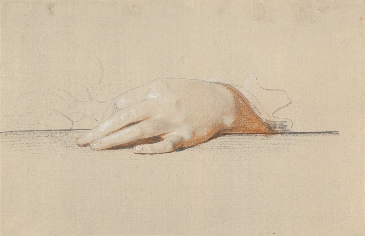 Een linkerhand rustend op een tafel, een roos vasthoudend door Jens Juel