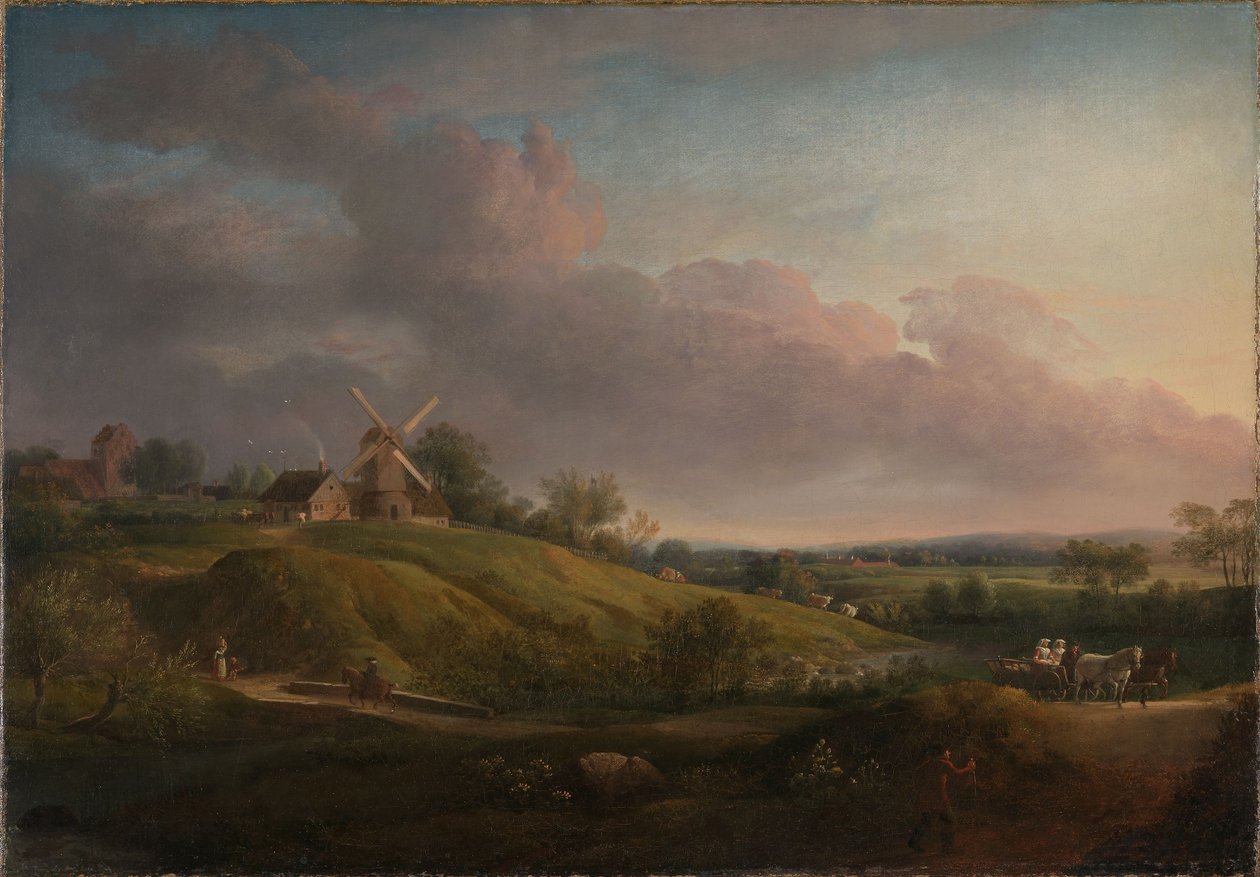 Landschap met een kerk en een molen door Jens Juel
