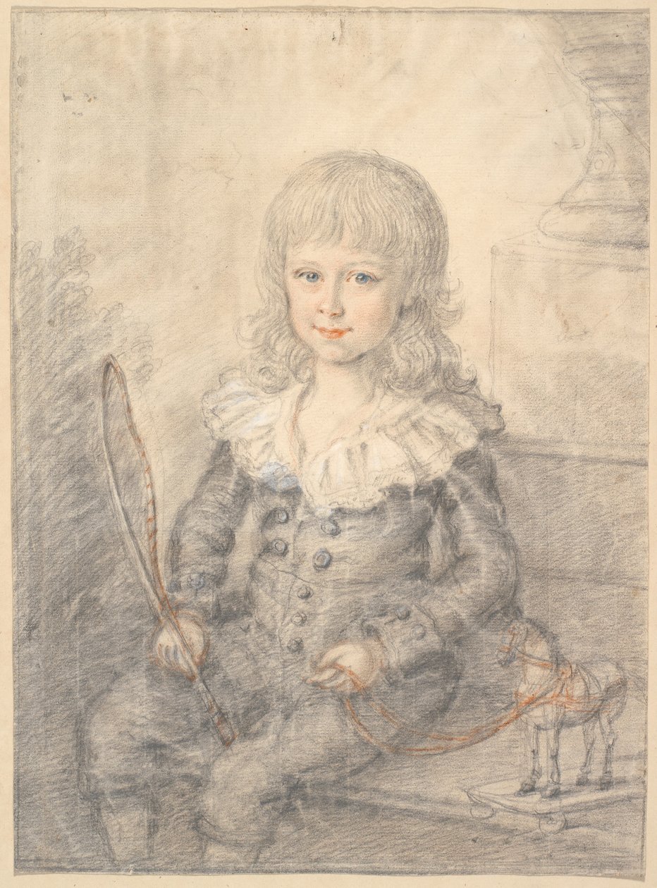 Portret van jongen met speelgoedpaard door Jens Juel