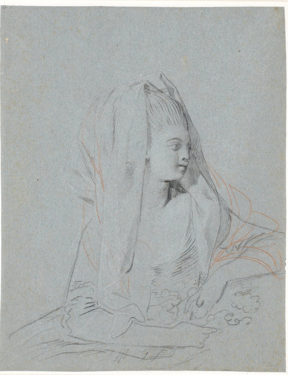 Studie van zittende jonge dame met bloemen in haar handen en sluier over haar hoofd door Jens Juel