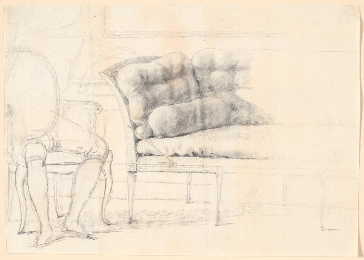 Studie voor het Holmskiold-familieportret uit 1787: de gestoffeerde bank, en links een stoel met de figuur van Holmskiold geschetst door Jens Juel