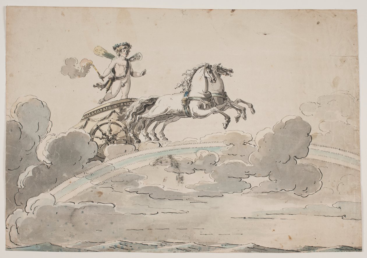 Amor (Eros) rijdend in een wagen op de regenboog door Jens Petersen Lund