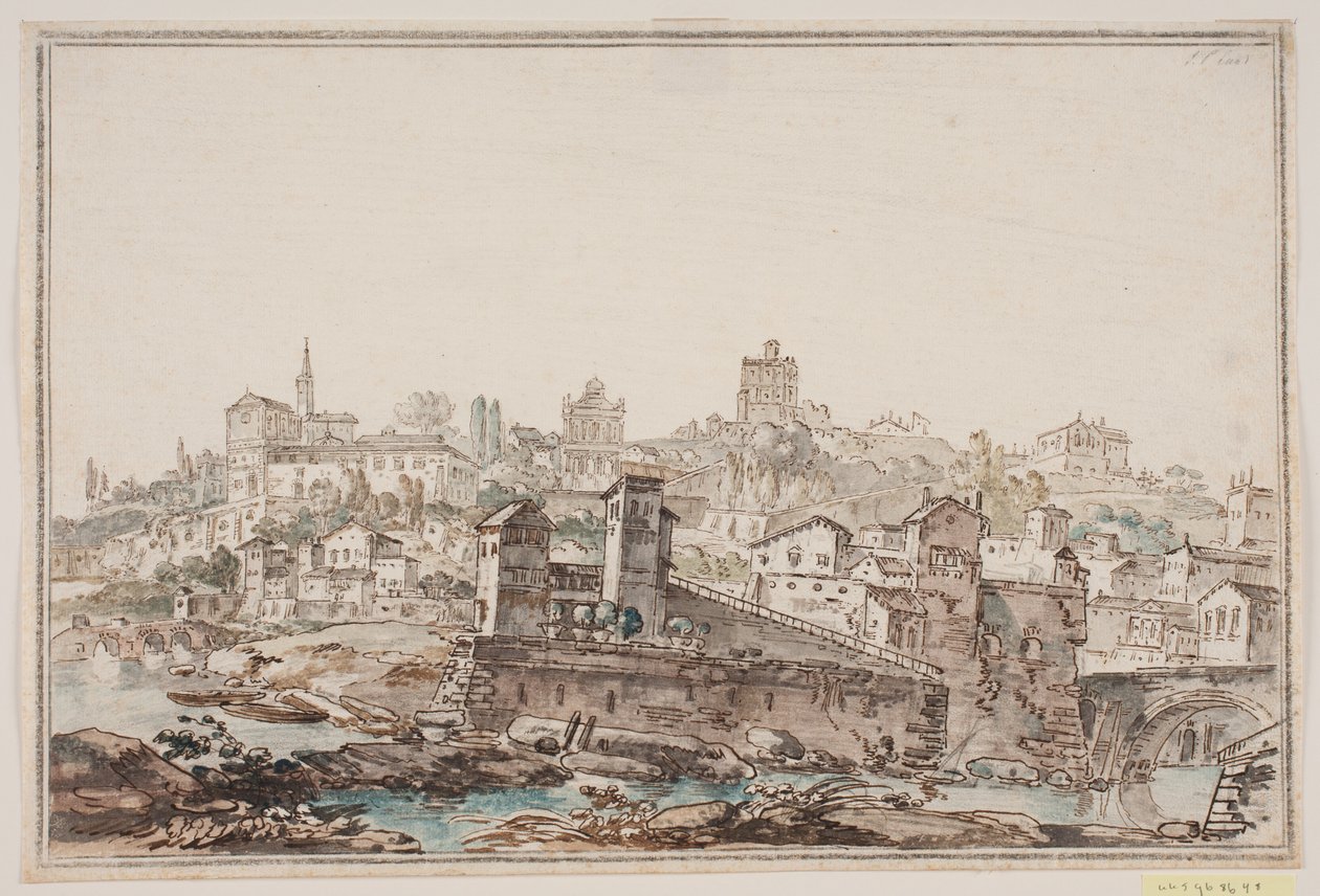 Stadsgezicht met huizen en kerk bij rivier. Het oude Rome door Jens Petersen Lund