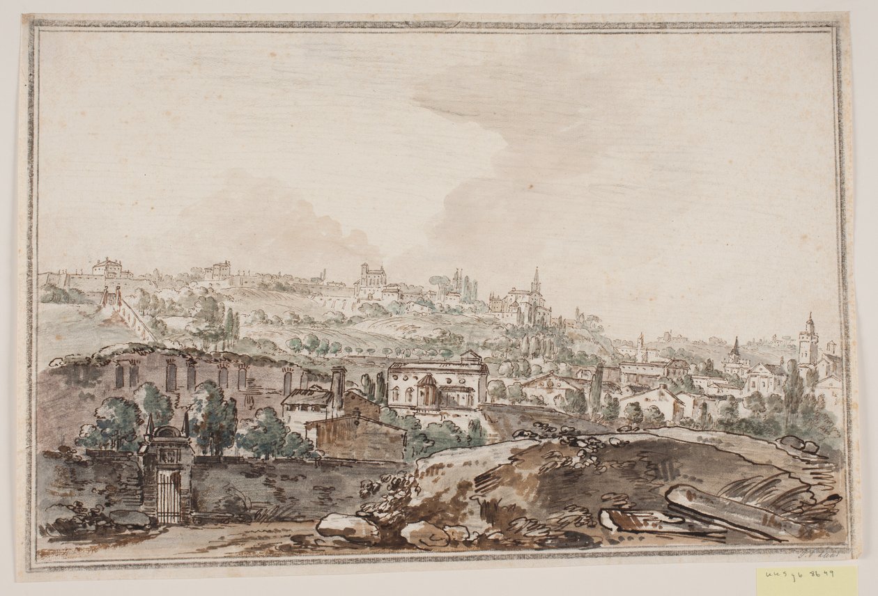 Stadsgezicht met huizen en muur bij rivier; op de achtergrond kerken en paleizen door Jens Petersen Lund
