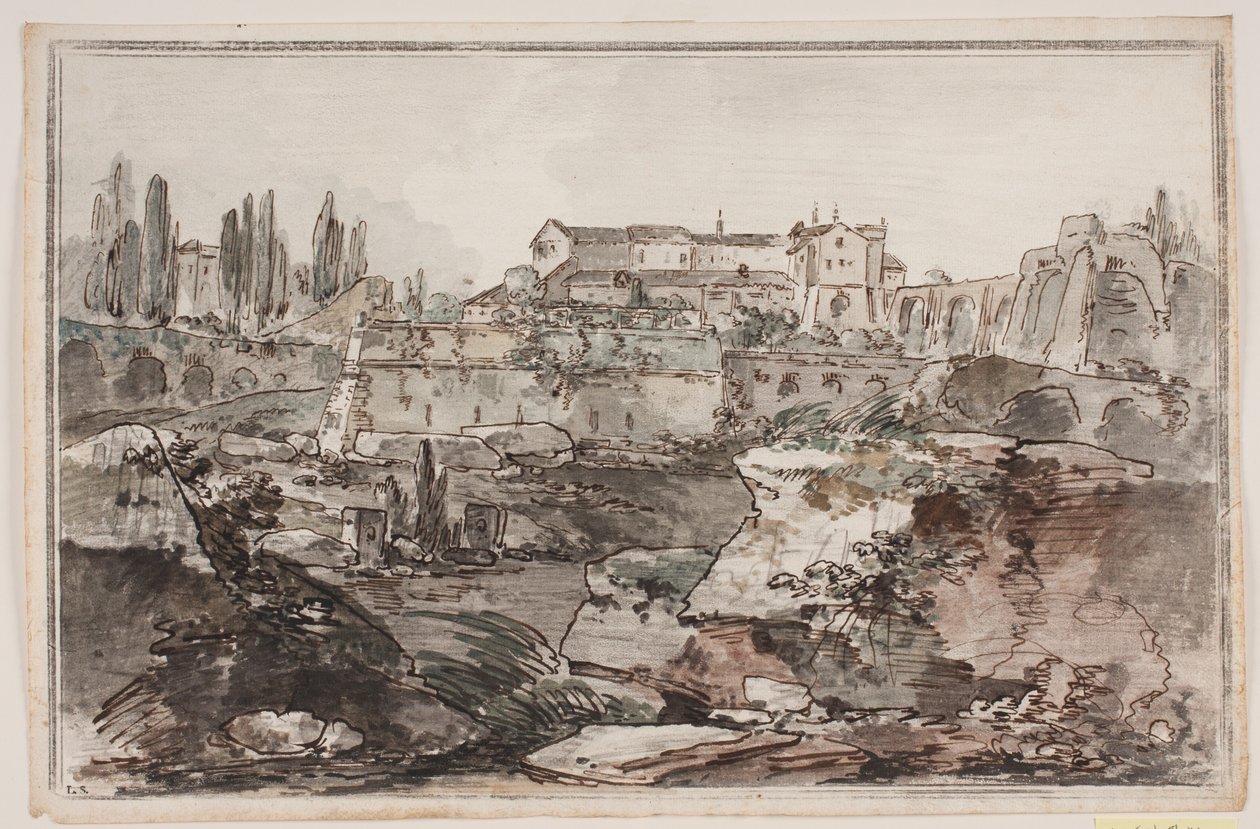 Prospect met vesting (?), ruïnes, rotsen en water door Jens Petersen Lund
