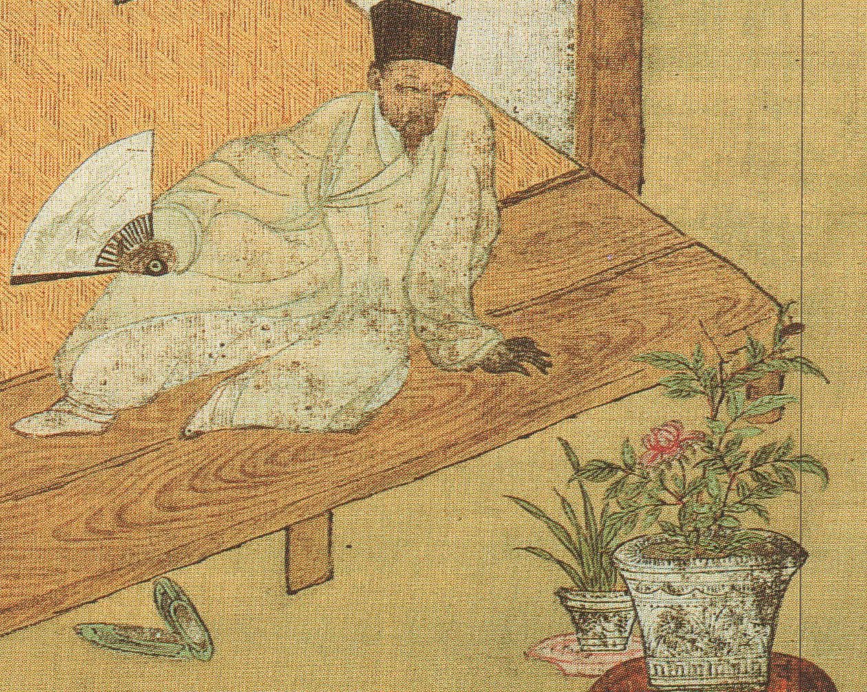 Close-up van het schilderij getiteld Rusten na het lezen van boeken, vermoedelijk een zelfportret van de schilder Jeong Seon door Jeong Seon