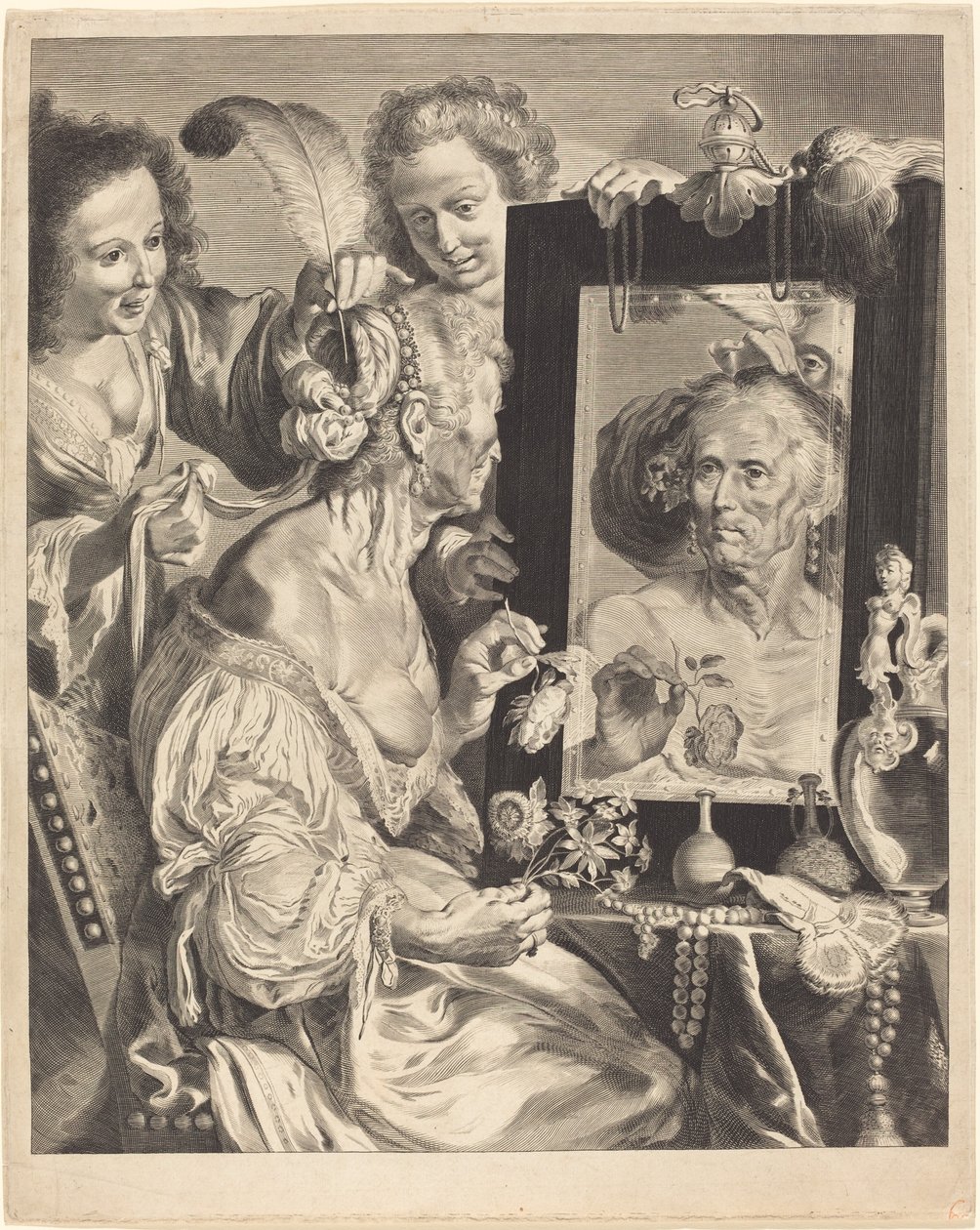 Een Oude Vrouw aan de Toilettafel door Jeremias Falck after Johann Liss after Bernardo Strozzi