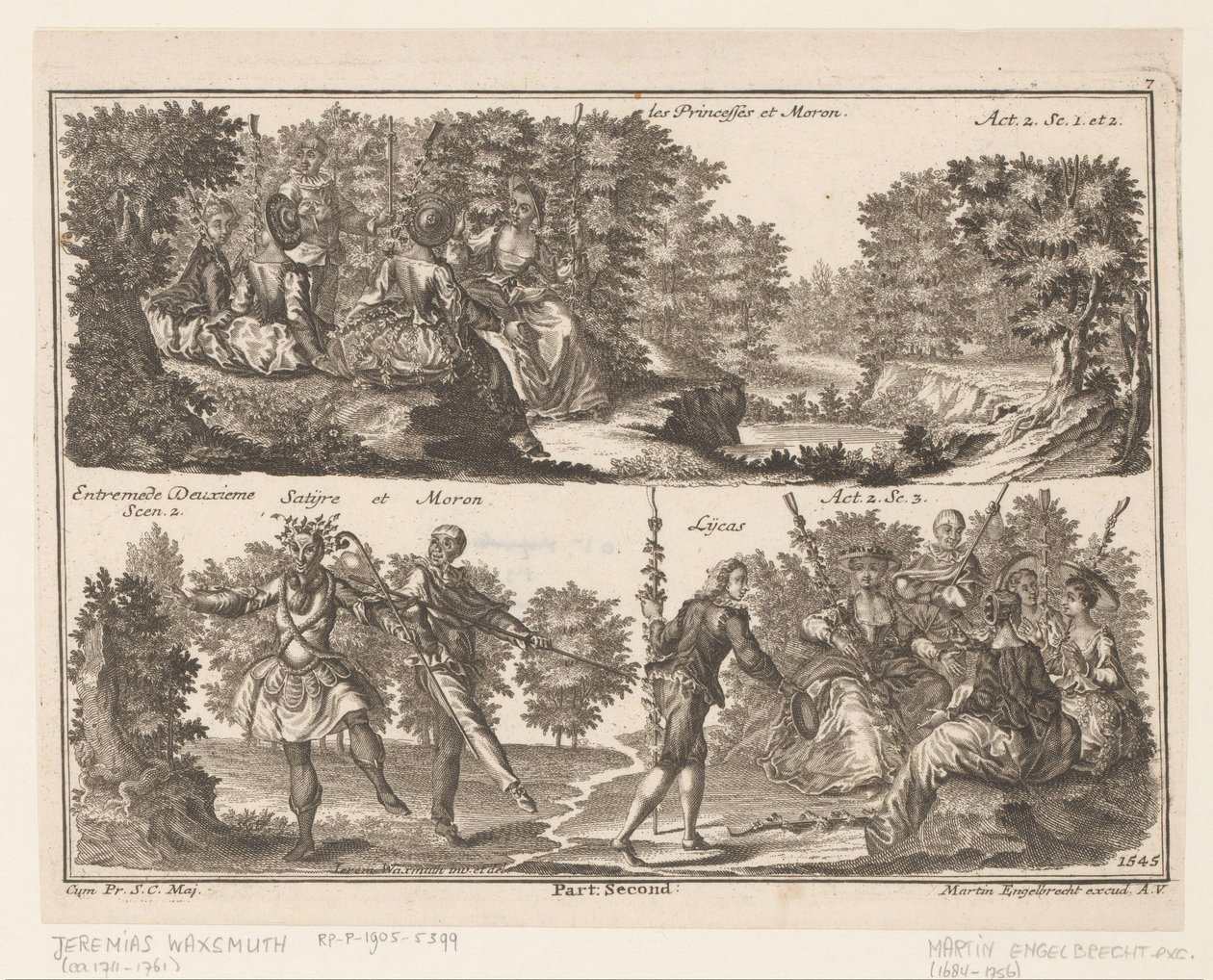 Twee theater scènes met figuren in een bosrijk landschap door Jeremias Wachsmuth