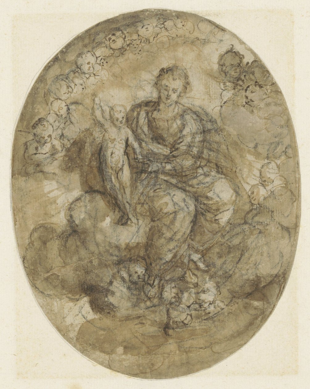 Madonna met kind tussen engelen op de wolken door Jeronimo Jacinto Espinosa