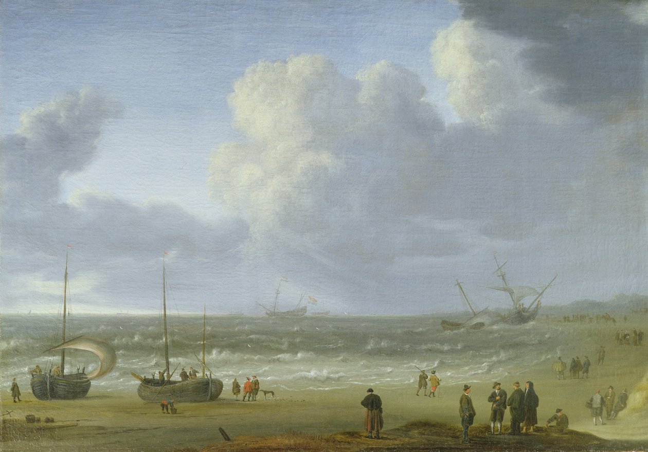 Schepen in een estuarium met vissers bij een steiger door Jeronimus van Diest