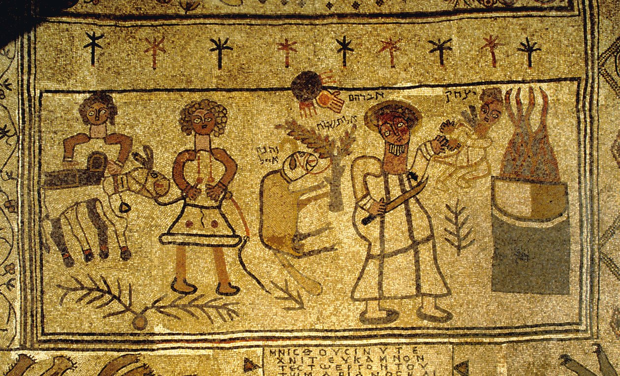 Detail van de mozaïekvloer die de binding van Isaac afbeeldt door Jewish School