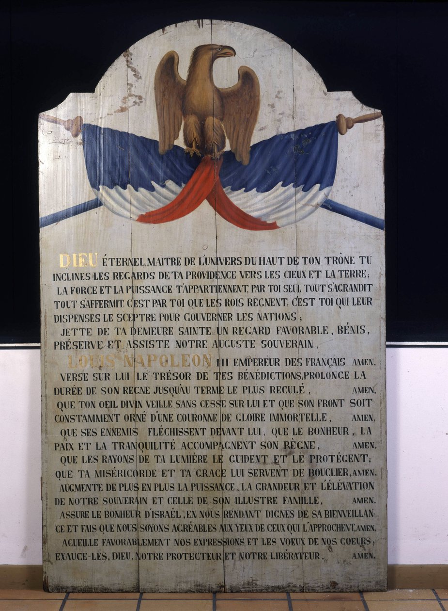 Inscriptie op hout: Joods gebed in het Frans voor keizer Napoleon III. 19e eeuws Elzas door Jewish School