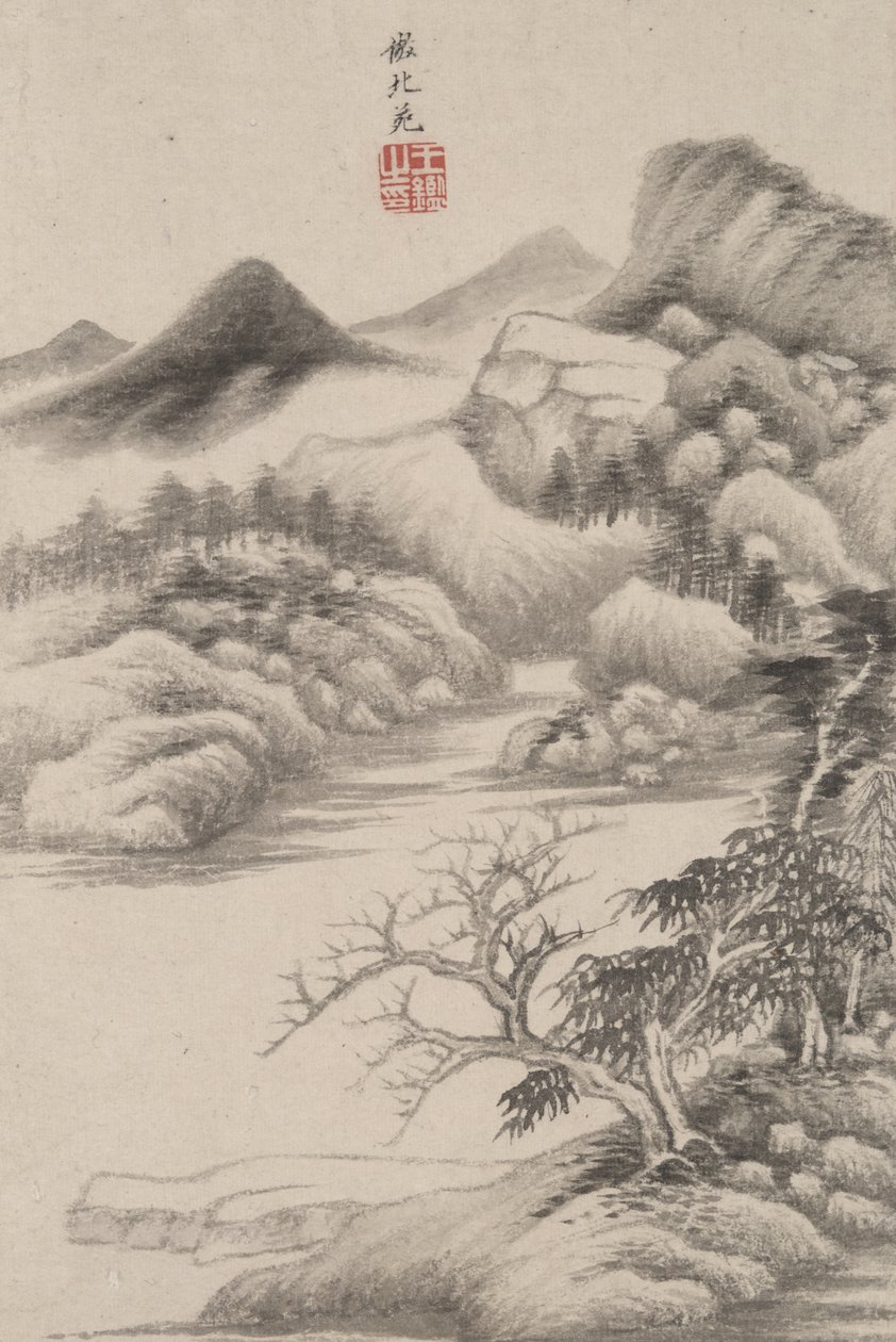 Landschap in de stijl van verschillende oude meesters: In de stijl van Dong Yuan, 1669 (inkt en kleur op papier) door Wang Jian