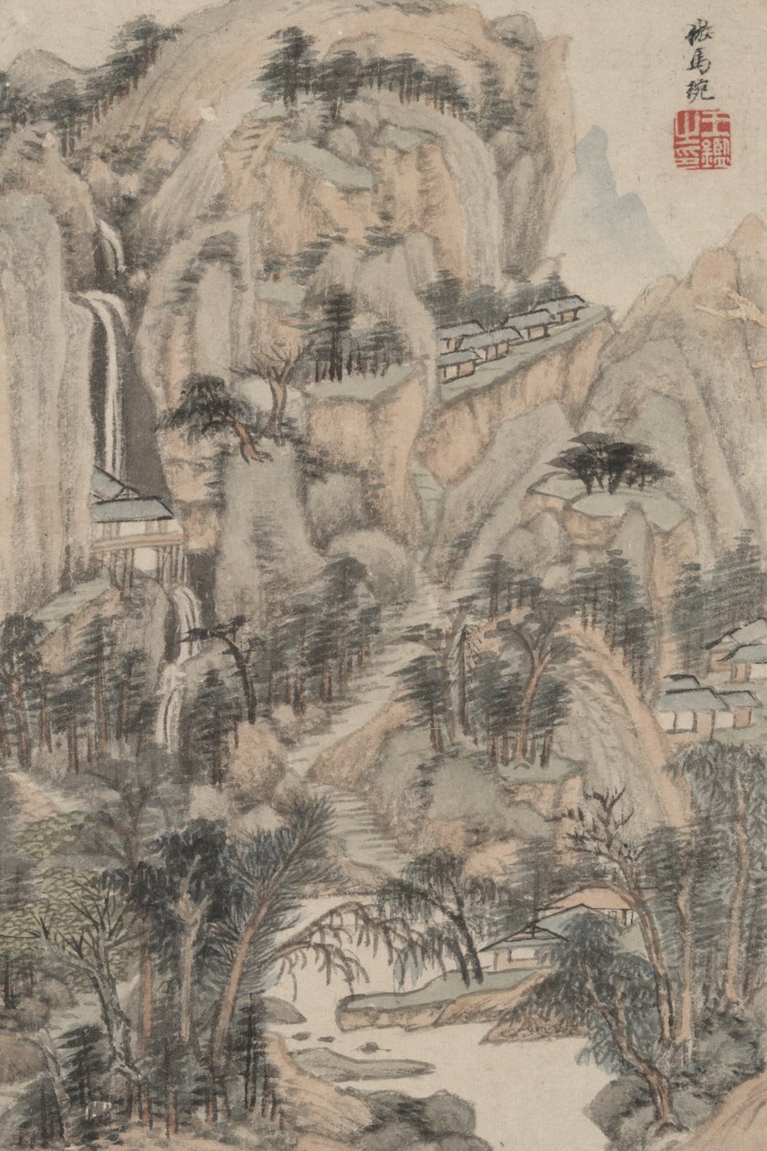 Landschap in de stijl van verschillende oude meesters: In de stijl van Ma Wan, 1669 (inkt en kleur op papier) door Wang Jian