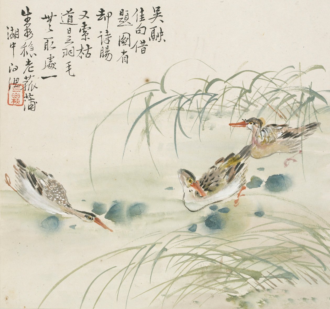 Drie eenden zwemmen in een vijver, 1857 door Jin Yuan