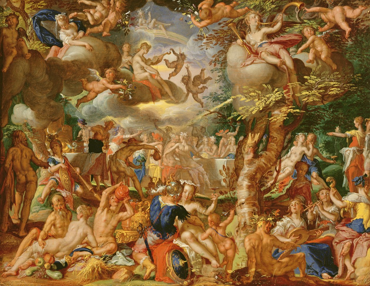 De bruiloft van Cupido en Psyche door Joachim Wtewael or Utewael